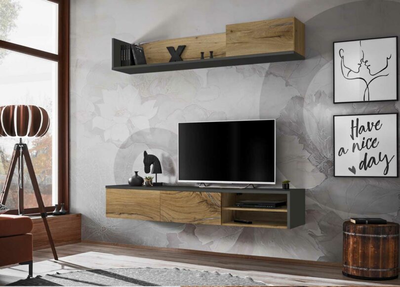 Ensemble tv gris anthracite et bois