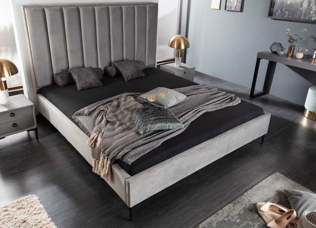 lit avec tête de lit pour adulte en velours gris