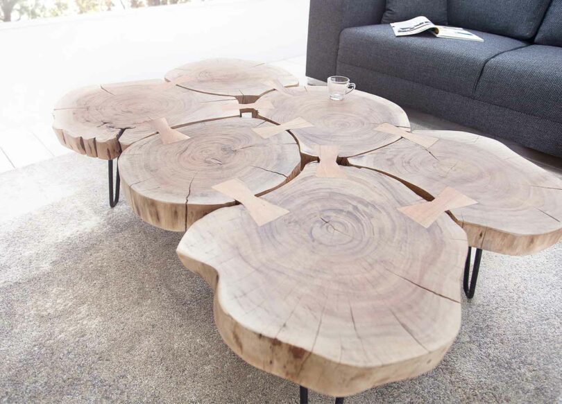 table basse avec 6 rondins en bois massif