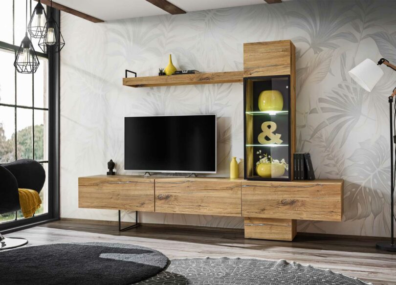 Ensemble tv mural en bois style industriel