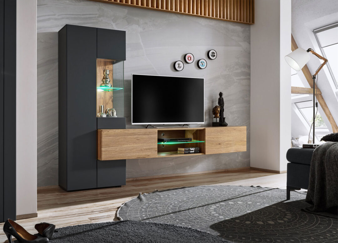 Meuble tv suspendu bois et anthracite moderne