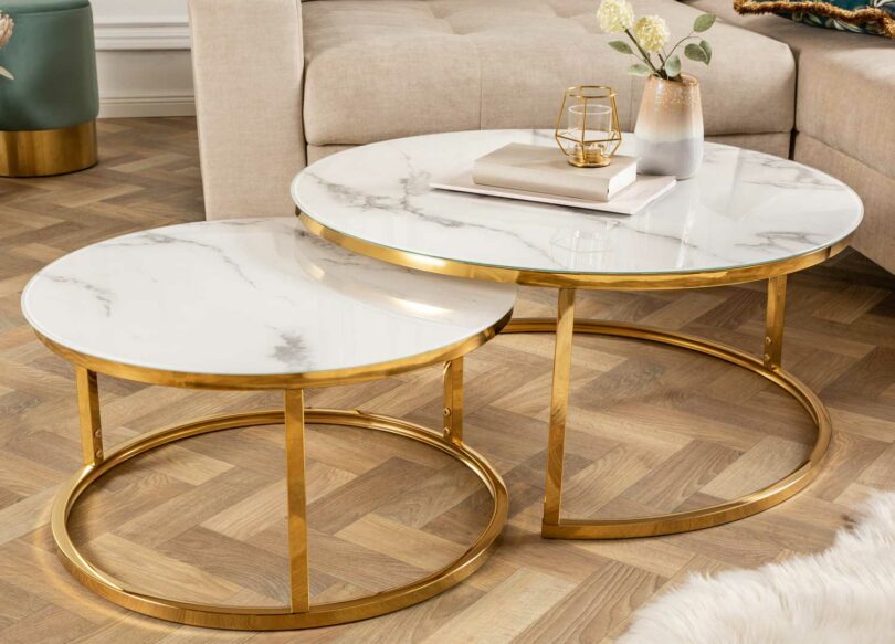 Lot tables de salon blanc et or