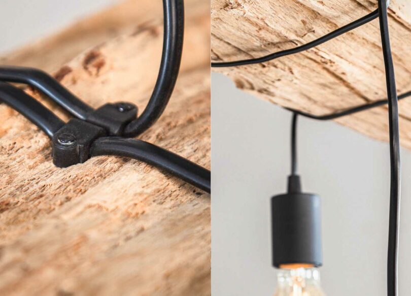 Zoom attaque du luminaire en bois industriel