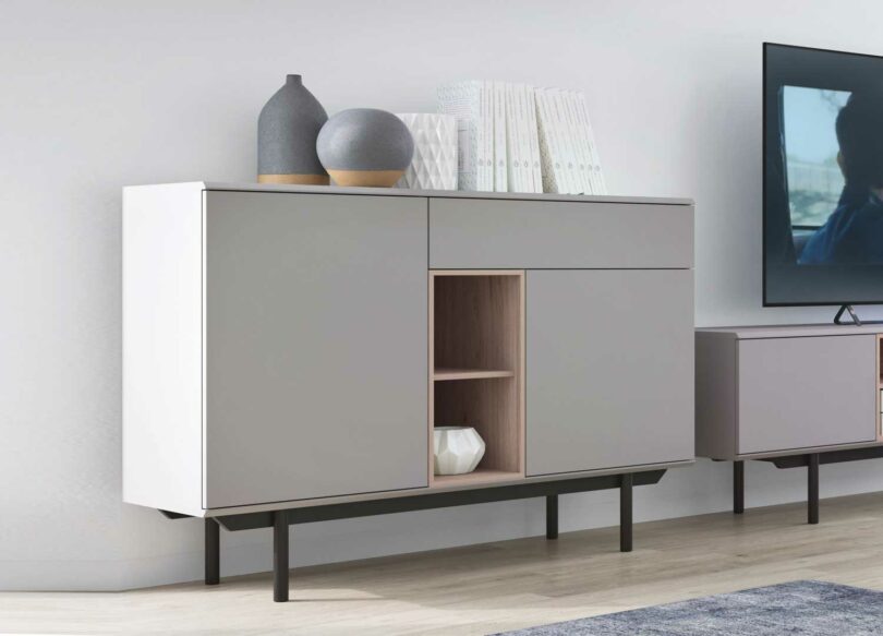 buffet avec aspect chêne et gris clair