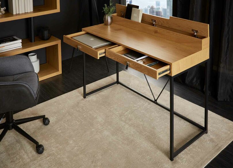 table de bureau avec rangement aspect chêne