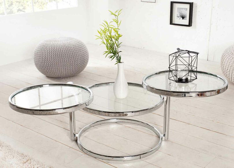 table basse moderne pas cher avec 3 plateaux en verre