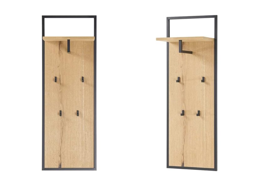 Panneau vestiaire en bois avec crochets en métal noir