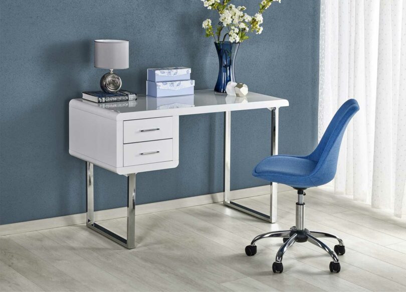 bureau 120 cm avec rangement blanc brillant et métal chromé