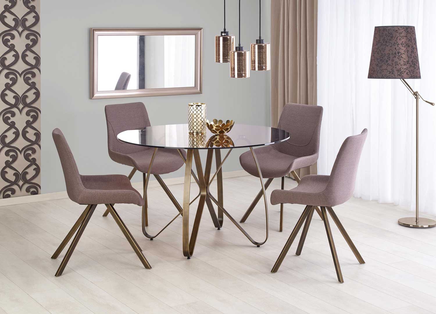 Table ronde en verre pied design en bois pour salle à manger