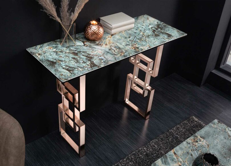 console 100 cm en céramique aspect marbre turquoise