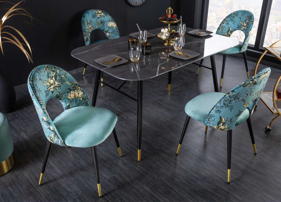 ensemble de 2 chaises en velours à fleurs bleu