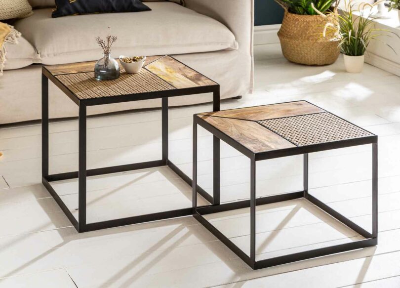 ensemble tables de salon pas cher en bois massif et rotin