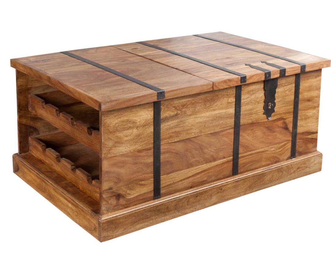 table basse 100 cm en bois de sesham avec rangement à bouteilles