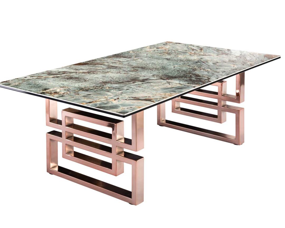 table de salon 100 cm originale aspect marbre turquoise