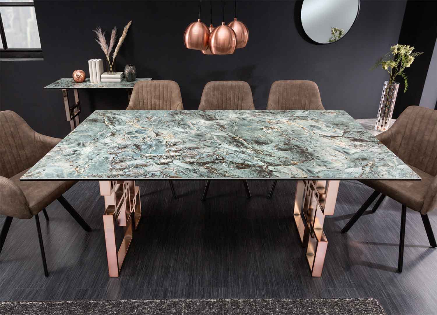 table à manger 200 cm originale aspect marbre turquoise et métal