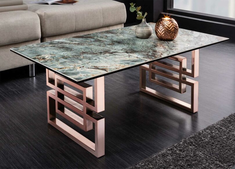 table basse originale 100 cm en céramique aspect marbre turquoise