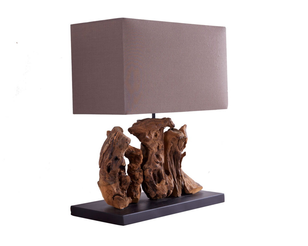 Lampe à poser en bois flotté et lin