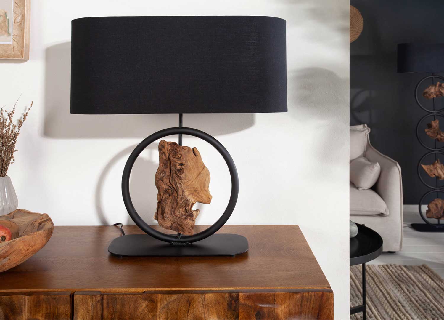 Lampe à poser en métal noir avec décoration en bois non traité original