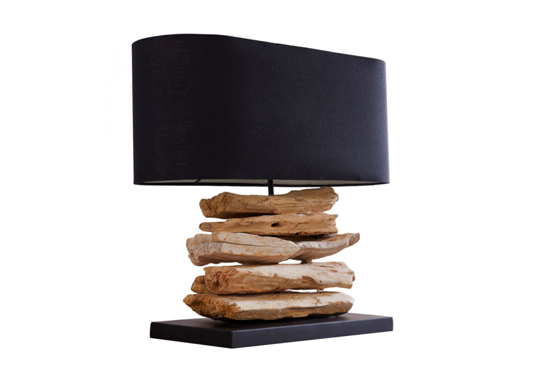 Lampe en lin noir et bois flotté