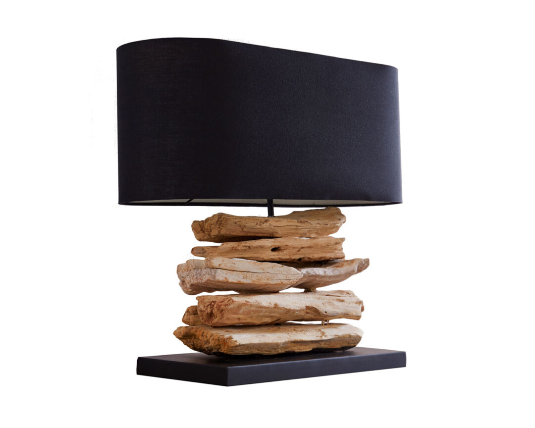 Lampe à poser en bois flotté et lin