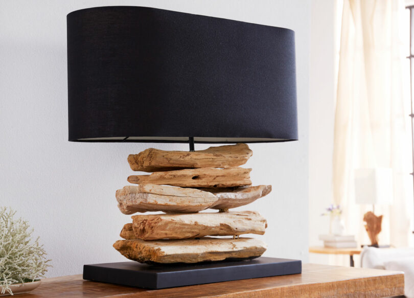 Lampe de table bois et lin noir
