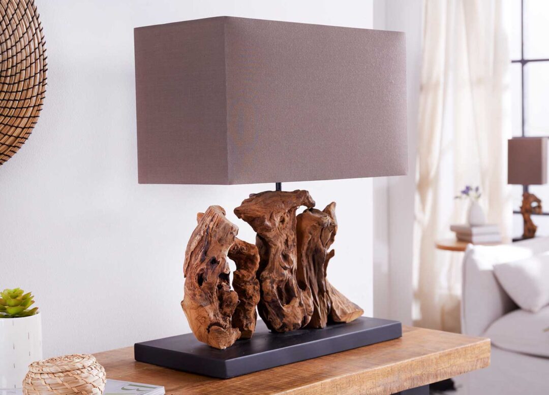 Lampe à poser en lin et bois flotté
