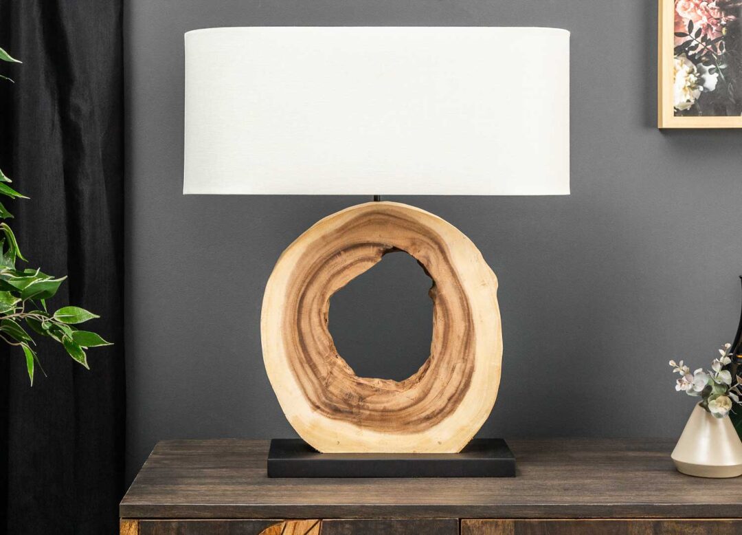 Luminaire en bois de teck et lin blanc