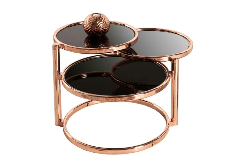 Table de salon en cuivre et verre opale noir