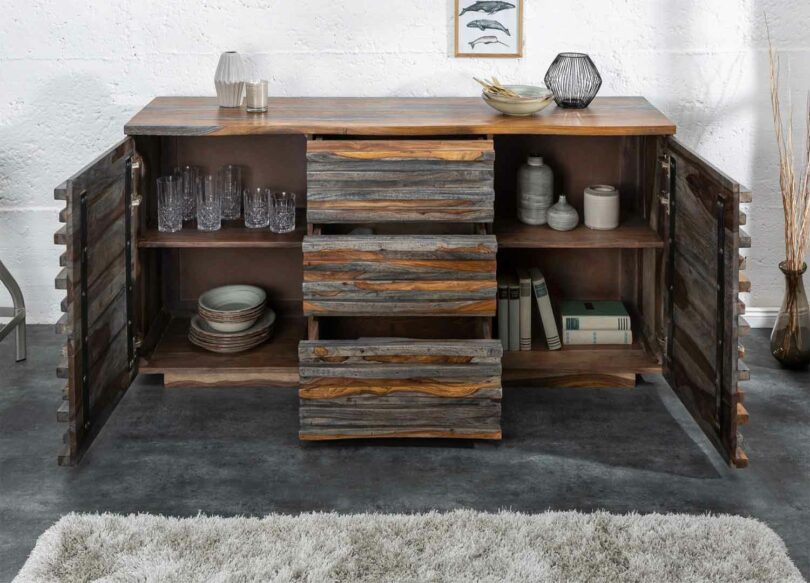 buffet 2 portes 3 tiroirs en bois de sesham fumé