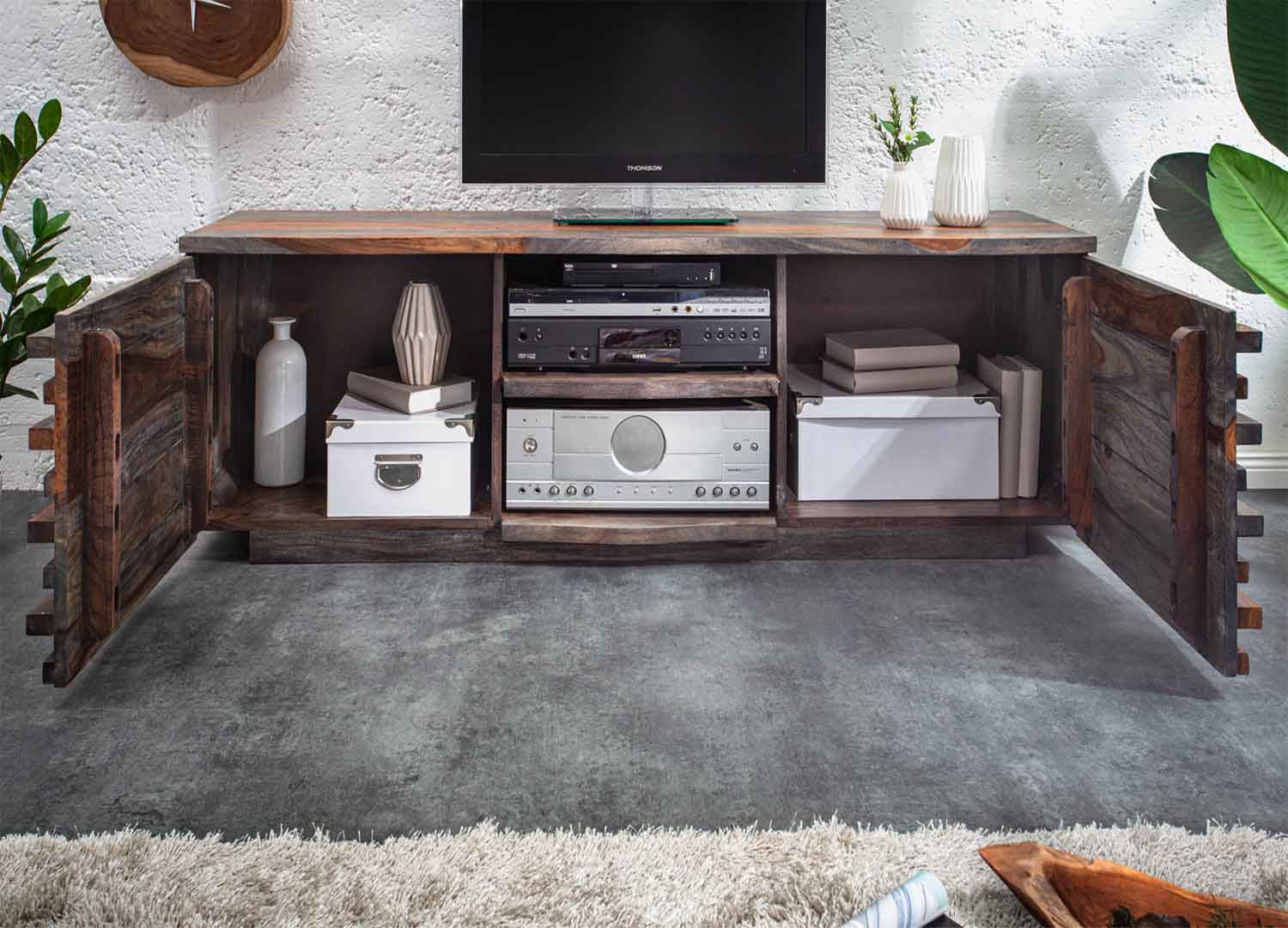 meuble tv en bois de sesham massif avec rangement