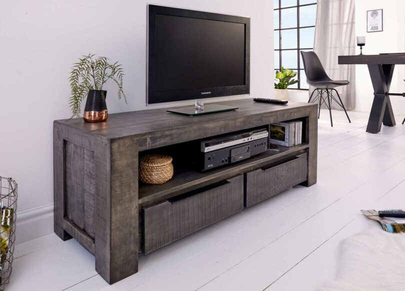 banc tv 130 cm en bois massif style industriel