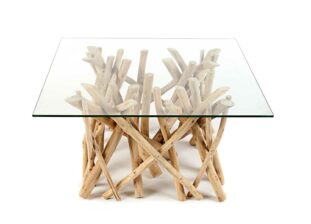 table de salon en bois flotté et plateau en verre 80 cm