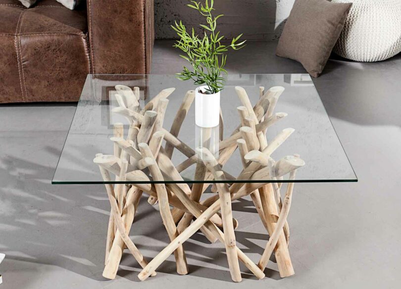 table basse carrée en verre et en bois flotté pas cher