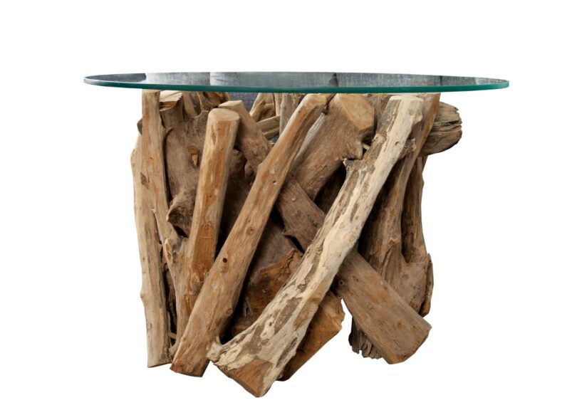 table basse en bois de teck flotté et plateau en verre