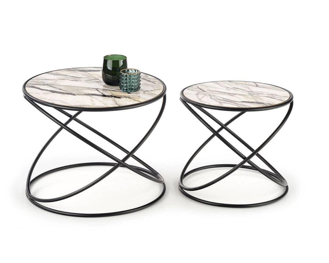 lot de 2 tables basses moderne effet marbre et métal noir