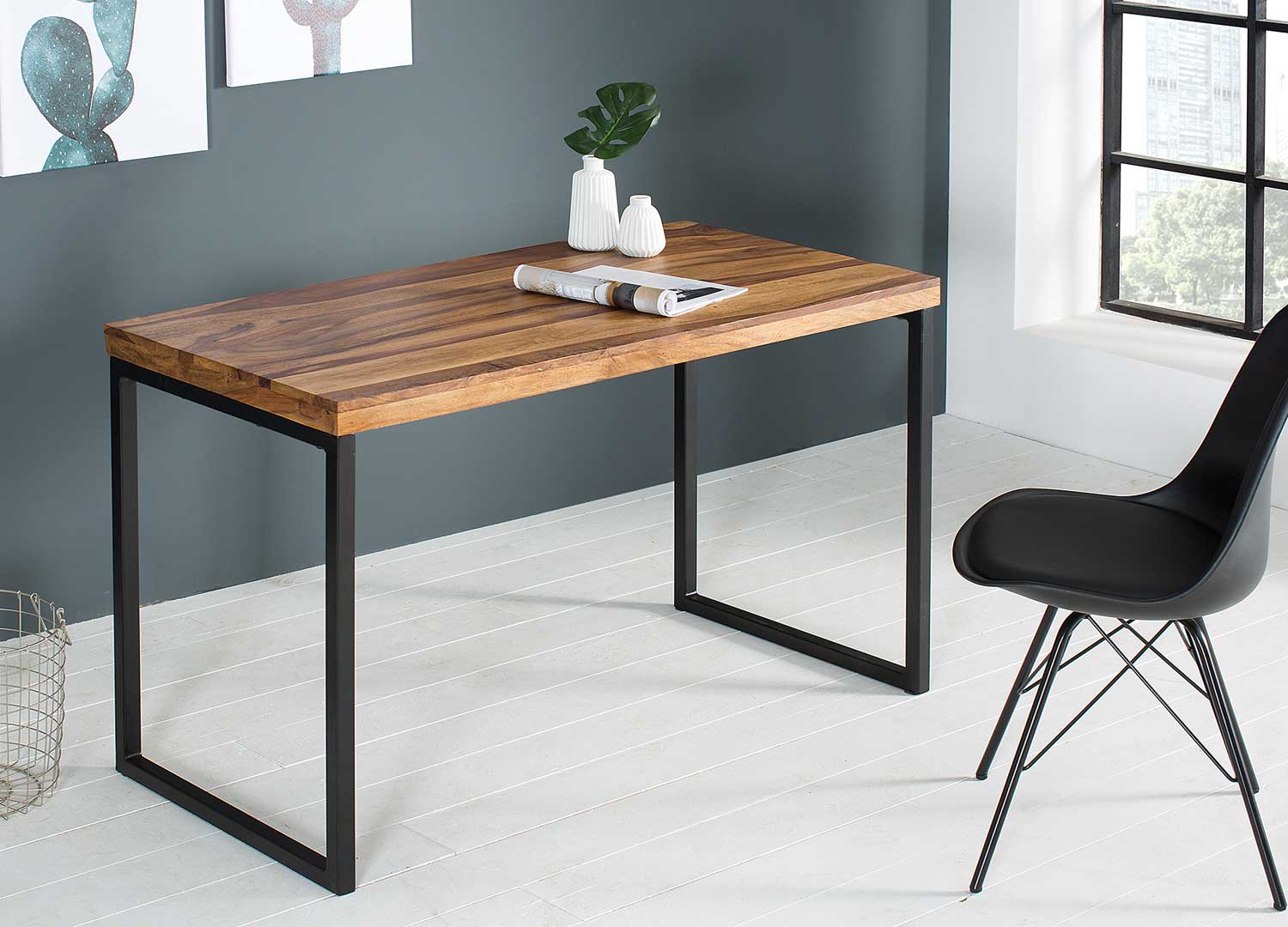 Bureau Industriel Design MAXENCE - Plateau Bois Chêne 121x60 Cm, Structure Métal Noir, 2 Tiroirs - Dimensions L121 X P60 X H75 Cm - Idéal Télétravail, Salon, Chambre