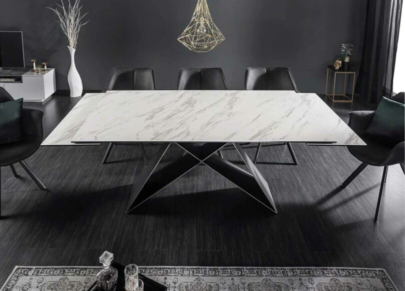 table de repas avec allonge en céramique aspect marbre