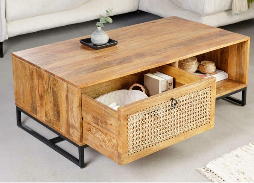 Table basse 1 tiroir en bois et rotin tressé