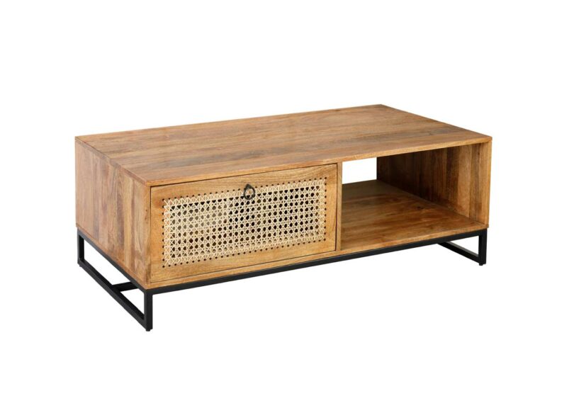 Table basse en bois de manguier et rotin tressé