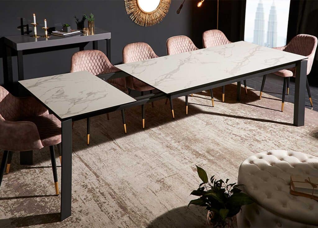 Table à manger rectangulaire extensible aspect marbre blanc