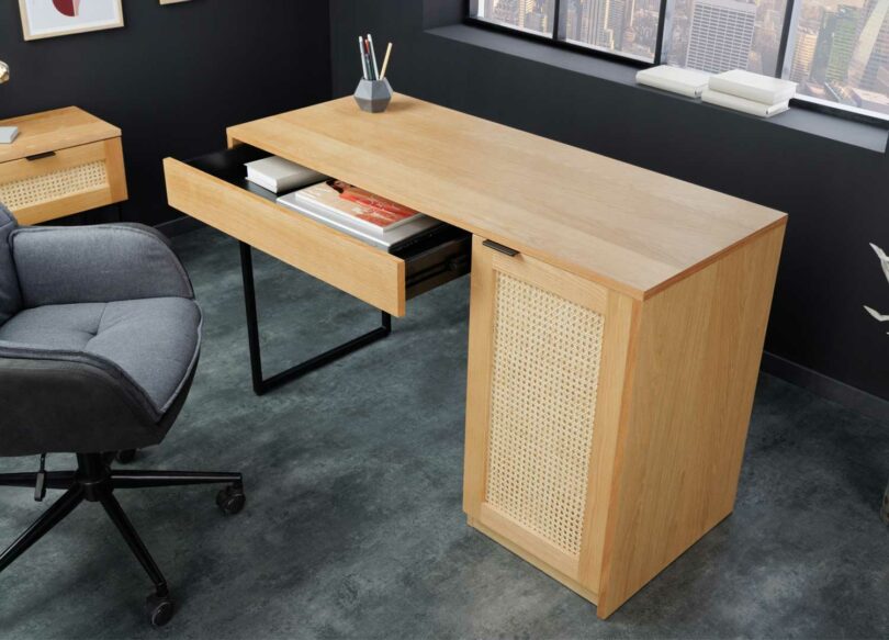 bureau 120 cm en placage de chêne et rotin