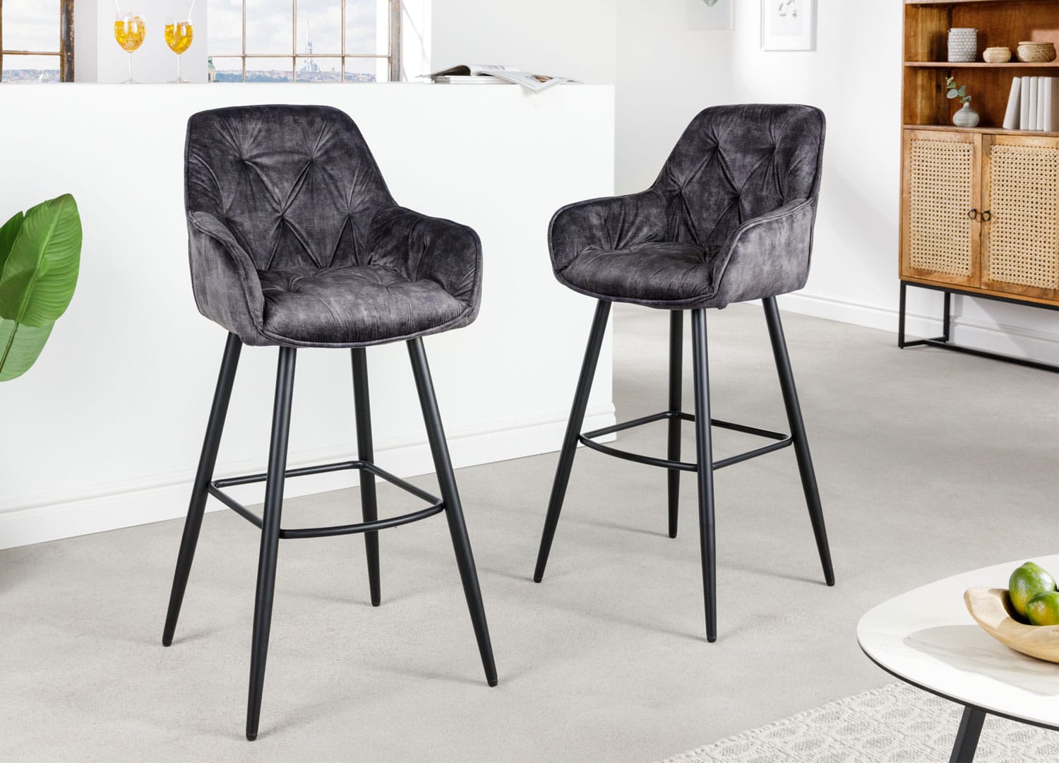 Chaises hautes de bar confortable velours champagne avec accoudoirs