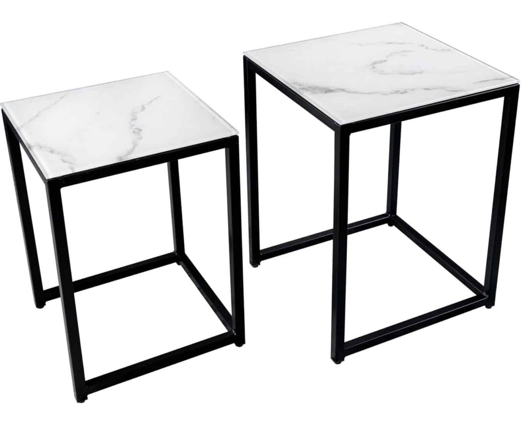 ensemble tables basses design en verre aspect marbre et metal noir