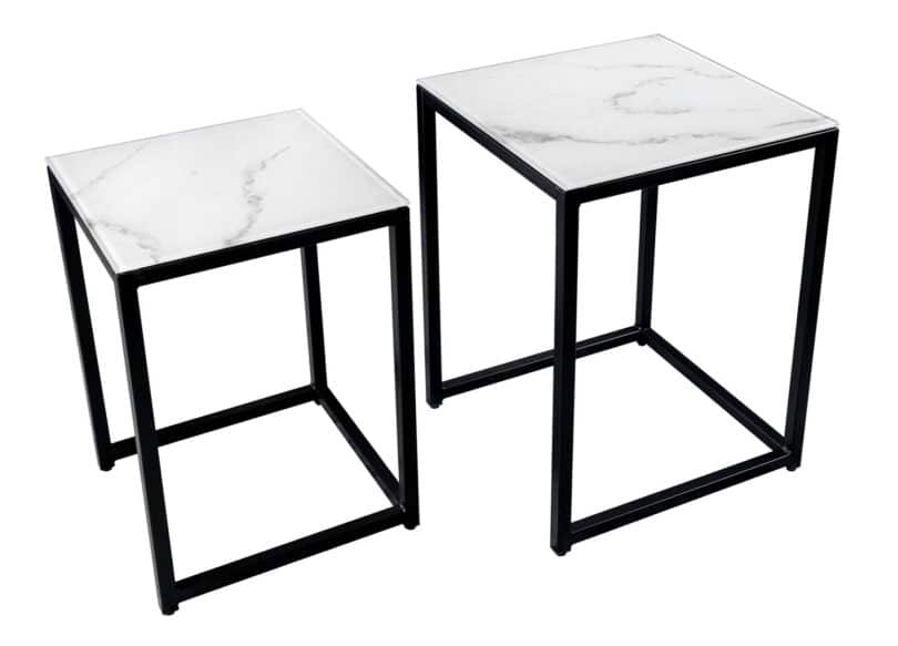 ensemble tables basses design en verre aspect marbre et metal noir