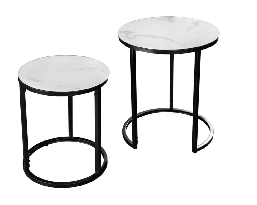 GYMAX Table Basse Gigogne 2 En 1 Effet Marbre Blanc – Or Doré – Tables Gigognes Ronde & Ovale – Salon Canapé Moderne – Pieds Réglables