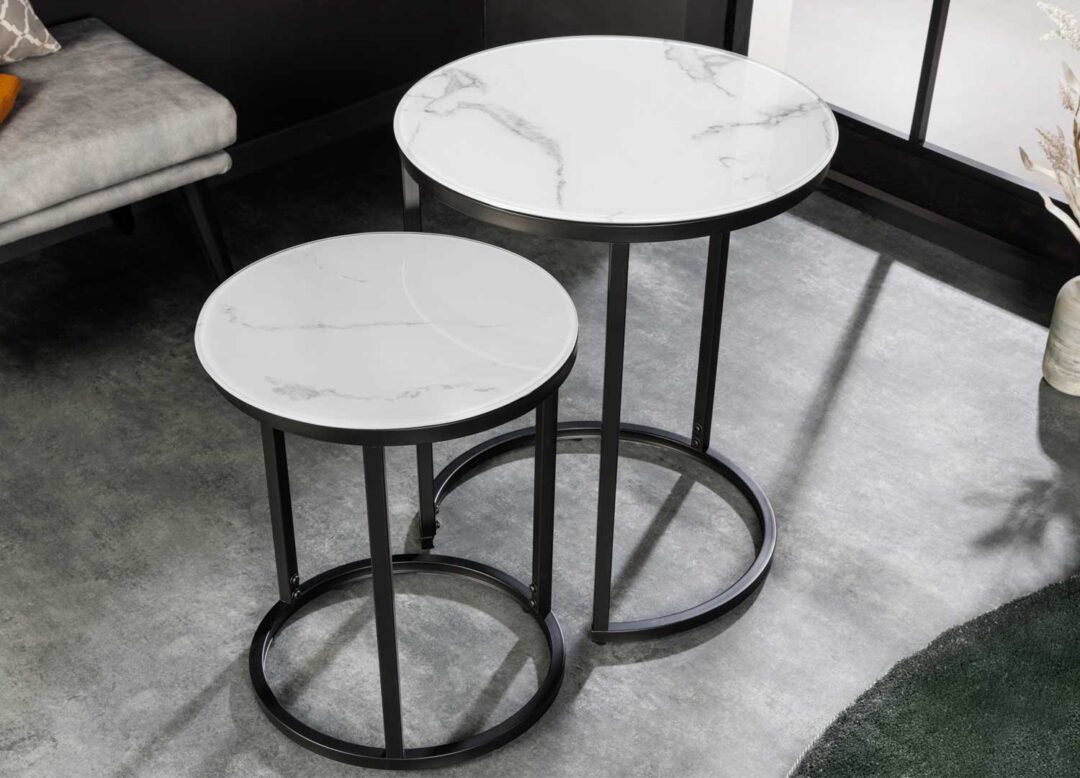 ensemble tables d'appoint moderne pas cher en verre et metal noir poudre