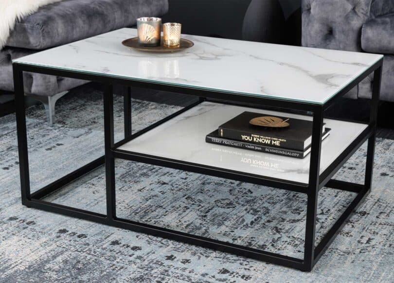 table de salon design et pas cher en verre aspect marbre blanc