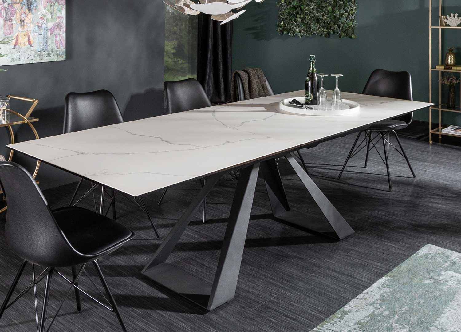 Table de salle à manger moderne aspect marbre avec allonges