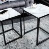 lot de 2 tables basses design en métal et verre aspect marbre blanc