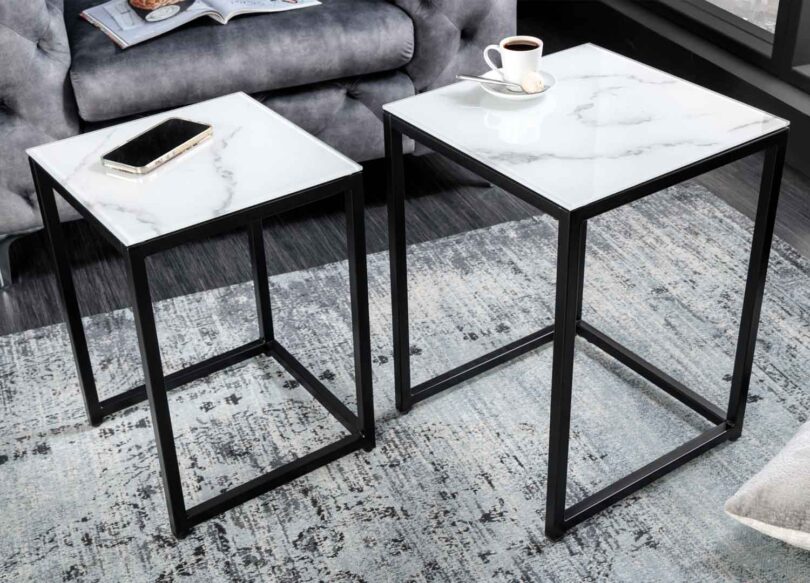 lot de 2 tables basses design en métal et verre aspect marbre blanc